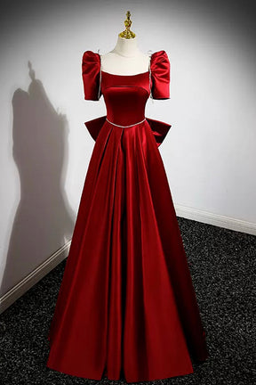 Burgundy Satin Long Prom Dress, A-Line Evening Dress with Bow