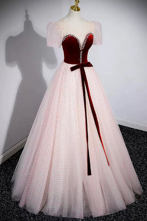 Cute Tulle Long Prom Dress with Velvet, A-Line Short Sleeve Evening Dress