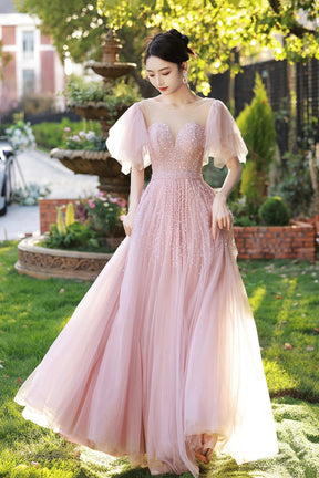 Beautiful Tulle Beaded Long Prom Dress, Pink Evening Dress Party Dress Beautiful Tulle Beaded Long Prom Dress, Pink Evening Dress Party Dress