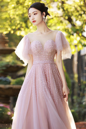 Beautiful Tulle Beaded Long Prom Dress, Pink Evening Dress Party Dress