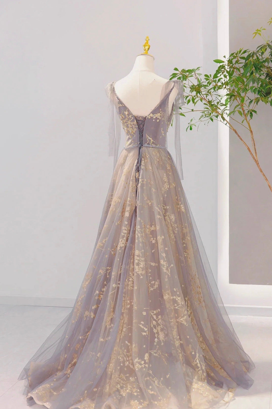 Grey V-Neck Sequins Long Formal Dress, Grey Tulle Prom Dress Grey V-Neck Sequins Long Formal Dress, Grey Tulle Prom Dress