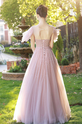 Beautiful Tulle Beaded Long Prom Dress, Pink Evening Dress Party Dress