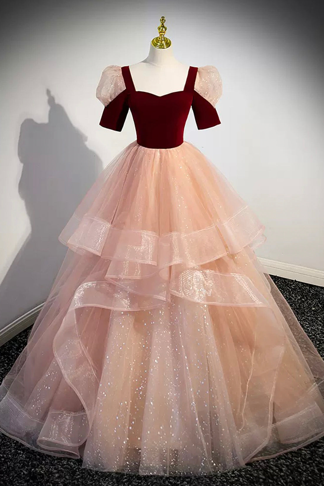 Unique Velvet Long A-Line Prom Dress with Ruffles, Cute Evening Party Dress