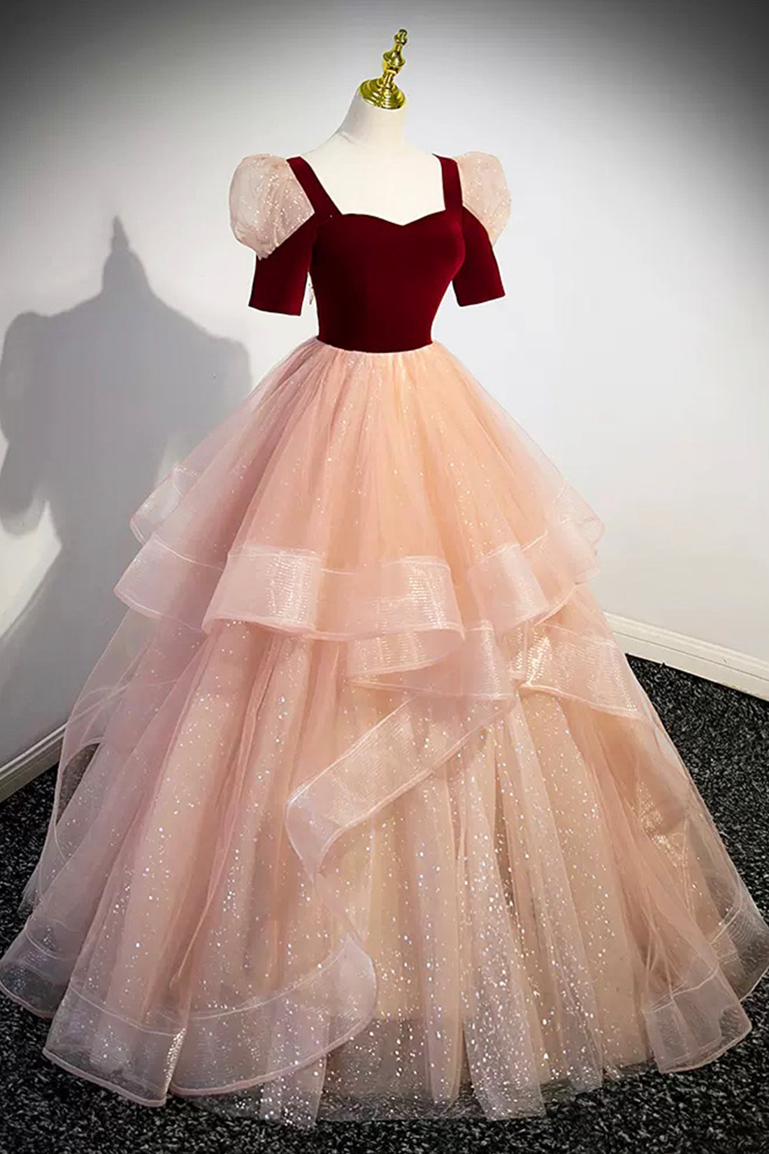 Unique Velvet Long A-Line Prom Dress with Ruffles, Cute Evening Party Dress
