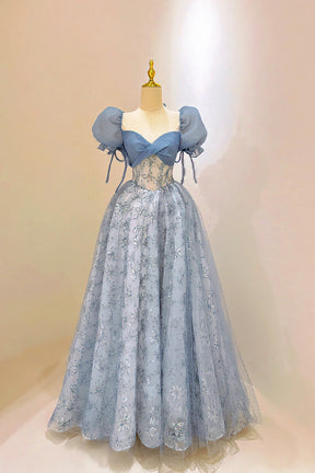 Beautiful Tulle Lace Long Prom Dress, Blue Short Sleeve Evening Dress