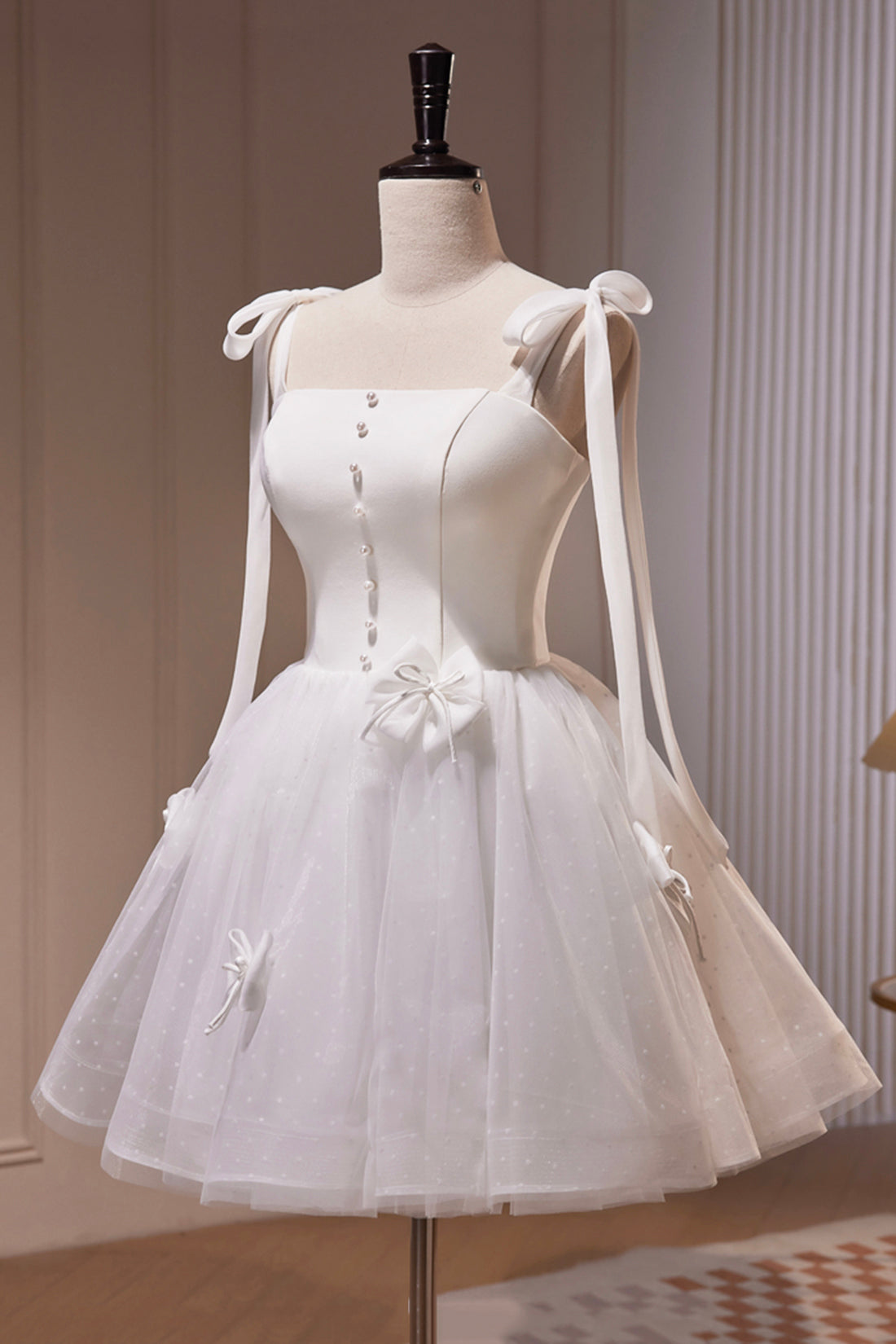White Spaghetti Strap Short Prom Dress, White Tulle Party Dress