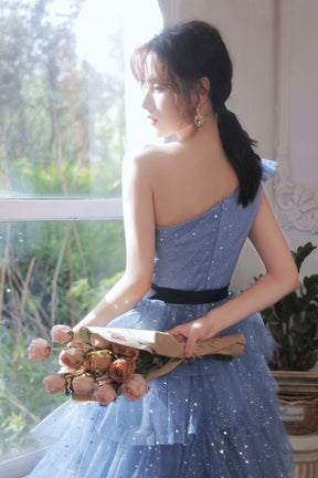 Blue Tulle Short Prom Dress, One Shoulder Multi-Layers Blue Party Dress