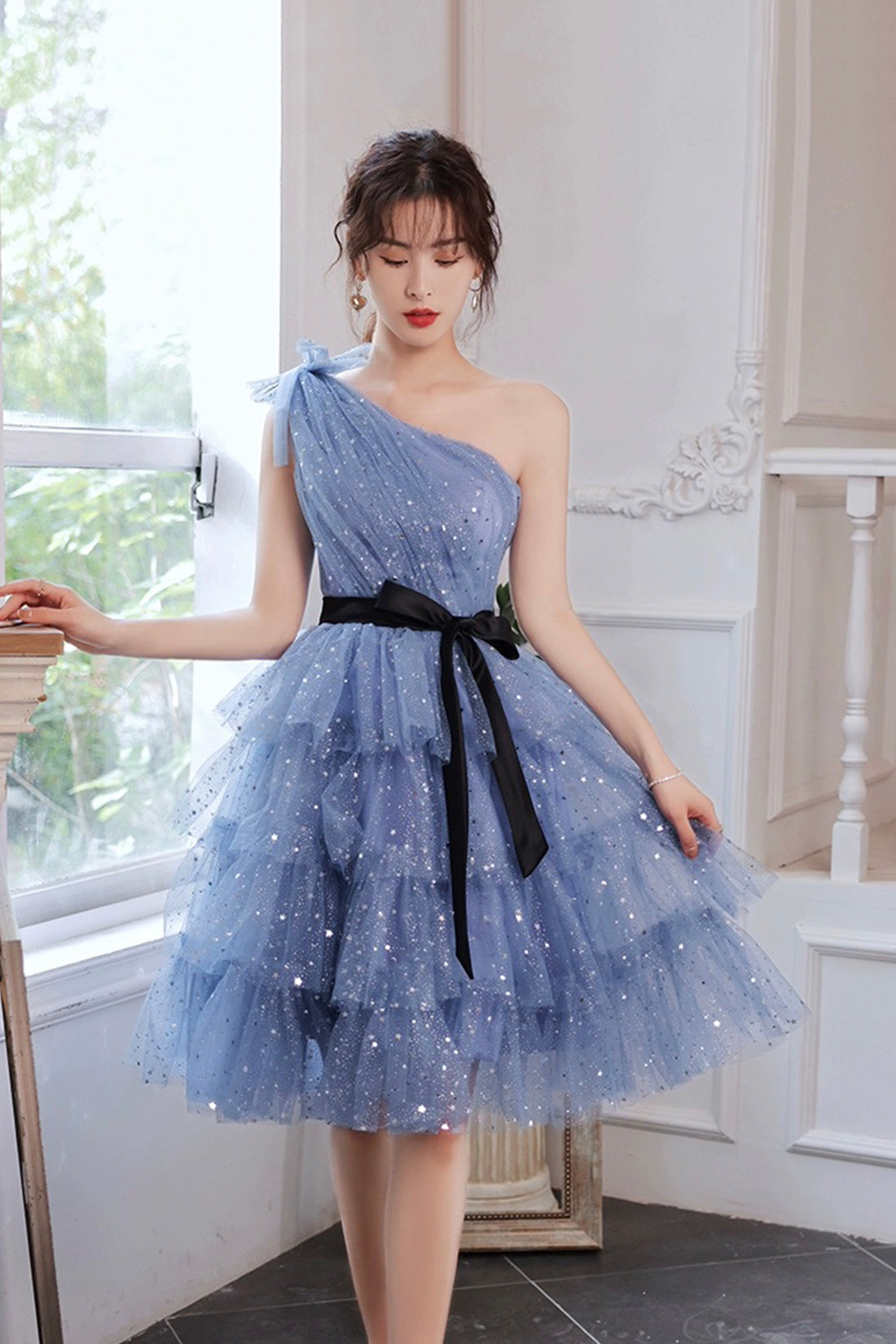 Blue Tulle Short Prom Dress, One Shoulder Multi-Layers Blue Party Dress