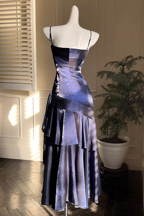 Navy Blue Tiered Mermaid Evening Gown, Beautiful Backless Formal Gown