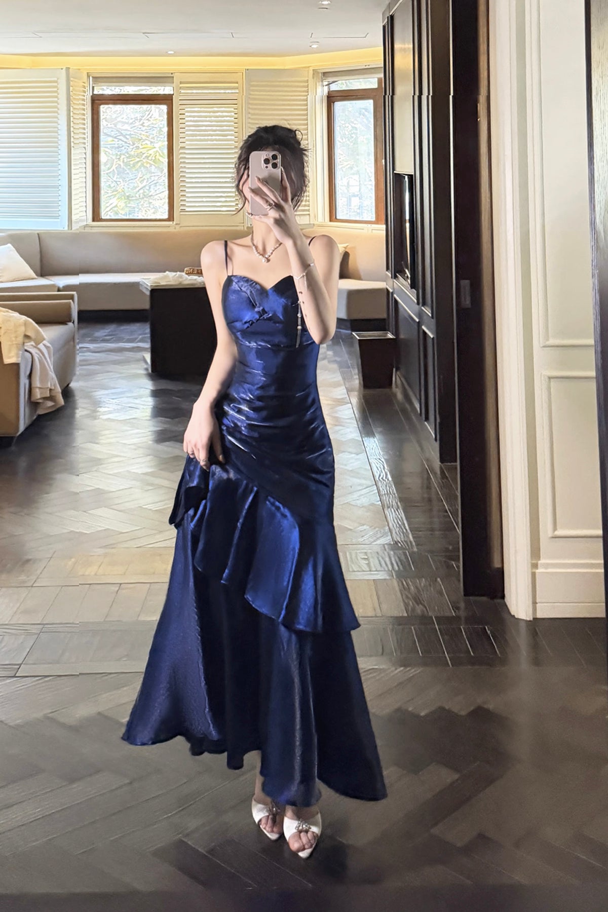 Navy Blue Tiered Mermaid Evening Gown, Beautiful Backless Formal Gown