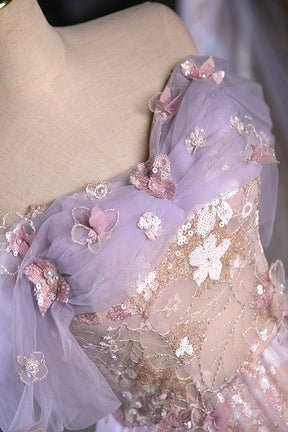 Lovely A-Line Off the Shoulder Sequins Prom Dress, Purple Tulle Corset Floor Length Evening Dress
