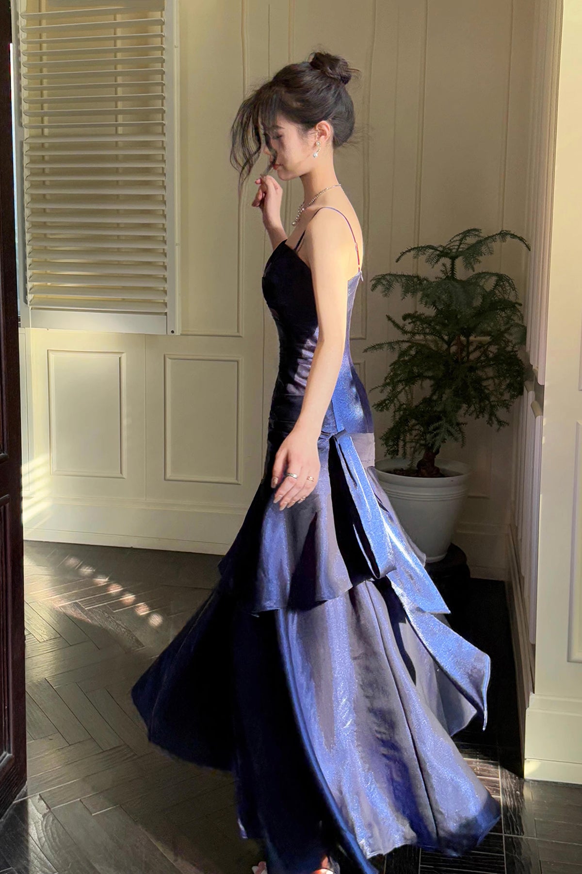 Navy Blue Tiered Mermaid Evening Gown, Beautiful Backless Formal Gown
