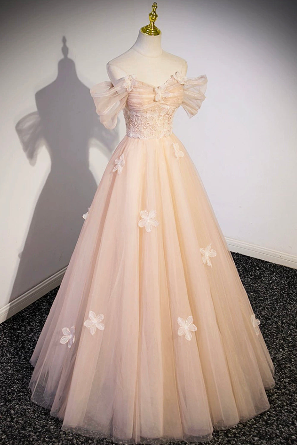 Cute Flowers Tulle Long Formal Dresses, Off Shoulder Evening Dresses Cute Flowers Tulle Long Formal Dresses, Off Shoulder Evening Dresses