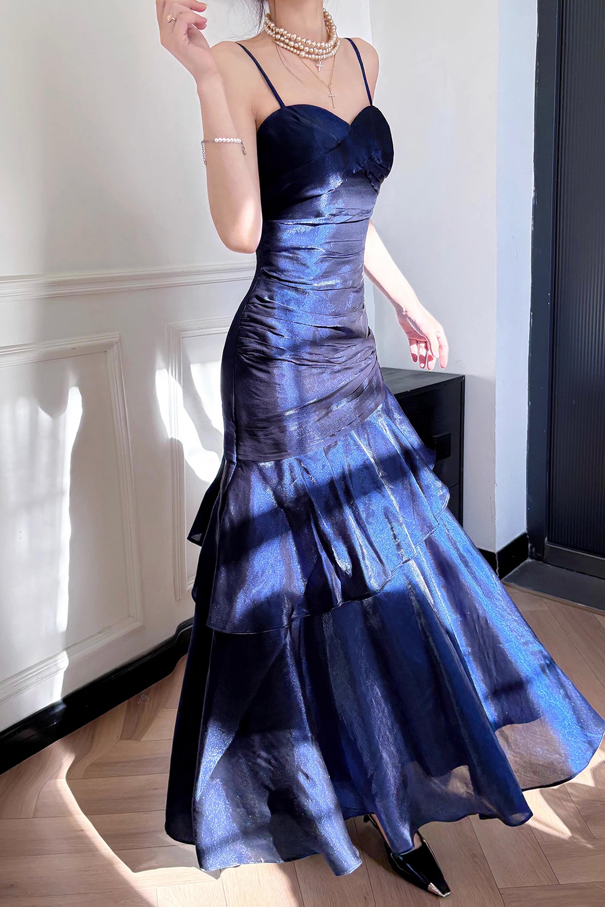 Navy Blue Tiered Mermaid Evening Gown, Beautiful Backless Formal Gown