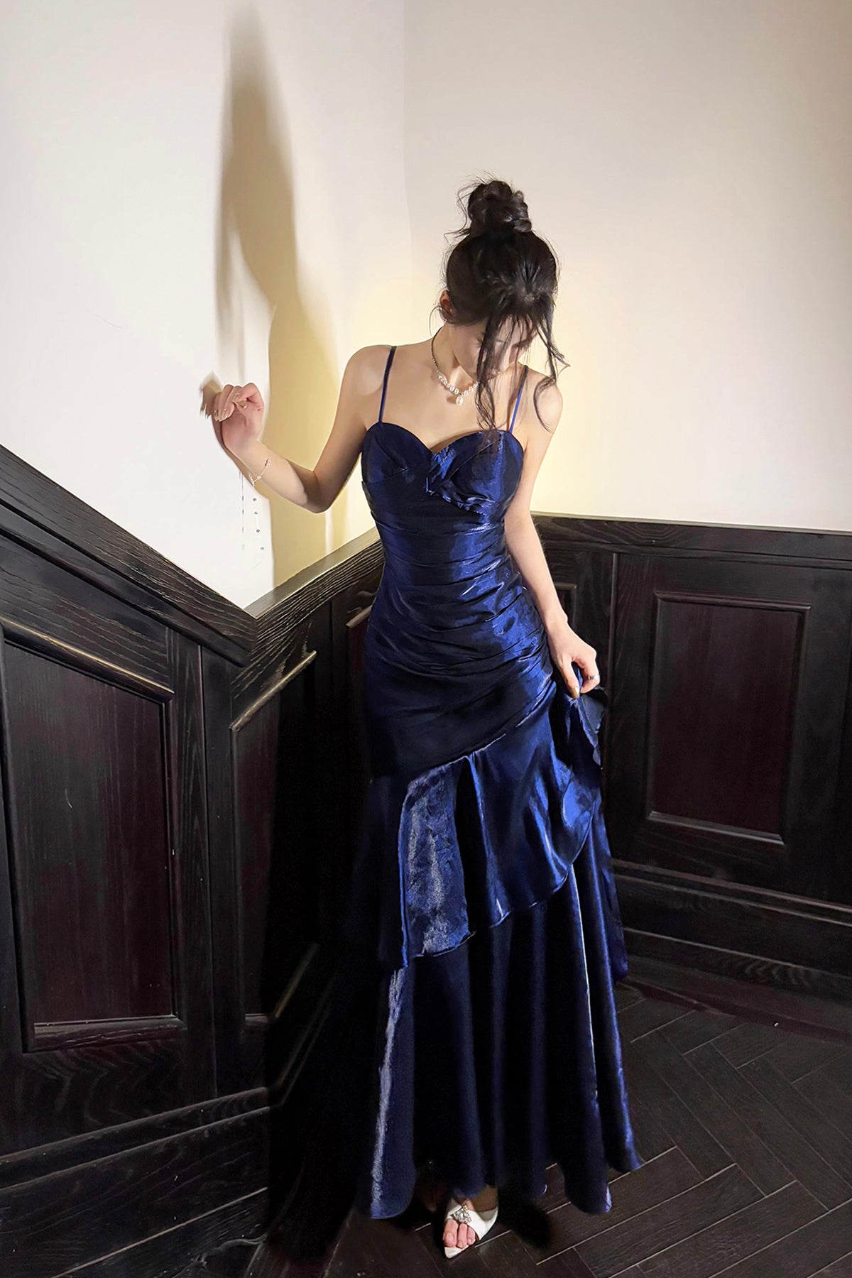Navy Blue Tiered Mermaid Evening Gown, Beautiful Backless Formal Gown
