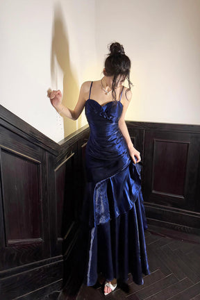 Navy Blue Tiered Mermaid Evening Gown, Beautiful Backless Formal Gown