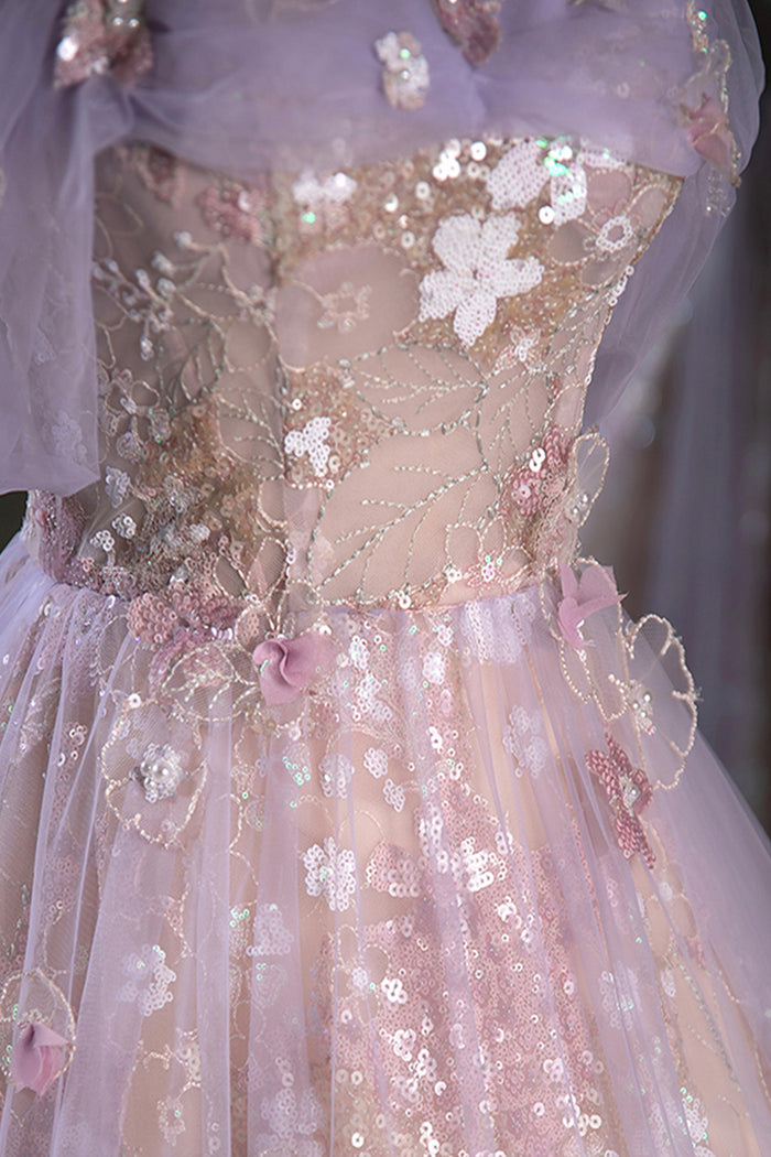 A Line Purple Off the Shoulder Tulle Rhinestone Prom Dress LBQ3556