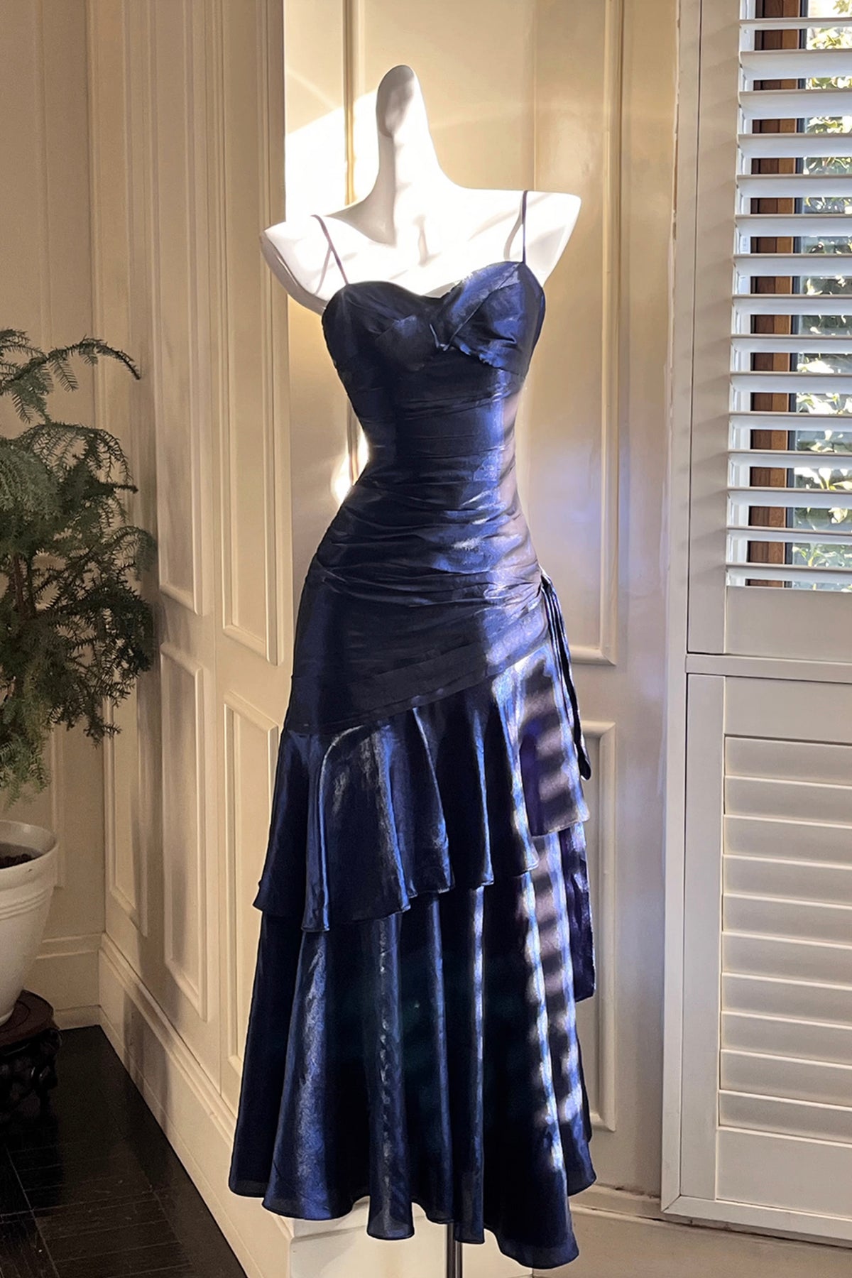 Navy Blue Tiered Mermaid Evening Gown, Beautiful Backless Formal Gown