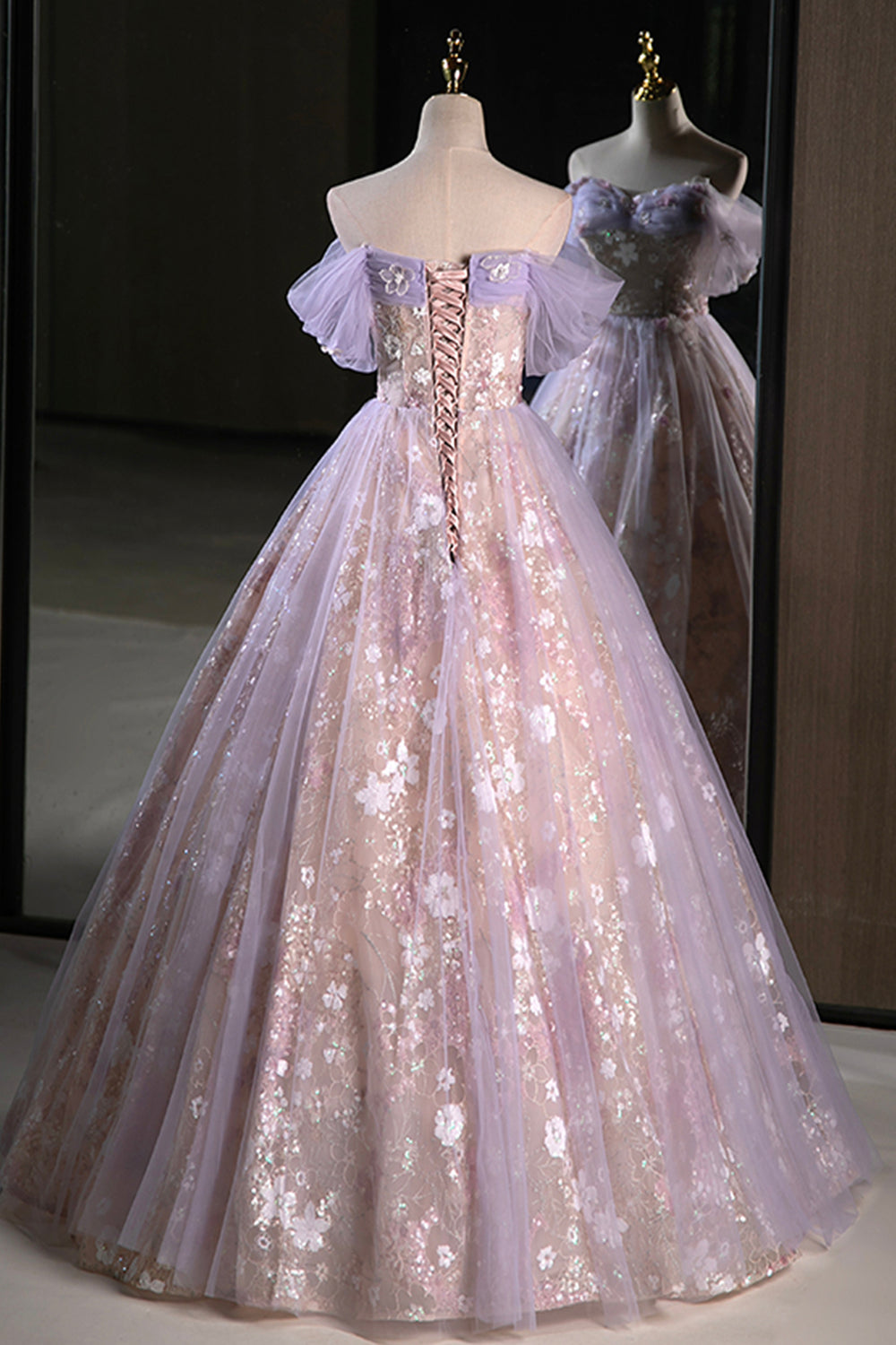 Sparkly Grey Purple A Line Sequins Corset Long Prom Dress