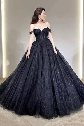 Black Off the Shoulder Tulle Lace Princess Dress, Shiny Tulle Floor Le Black Off the Shoulder Tulle Lace Princess Dress, Shiny Tulle Floor Le