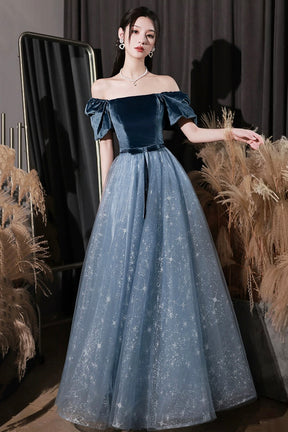 Blue Velvet Tulle Long Prom Dress, Beautiful Short Sleeve Evening Dress