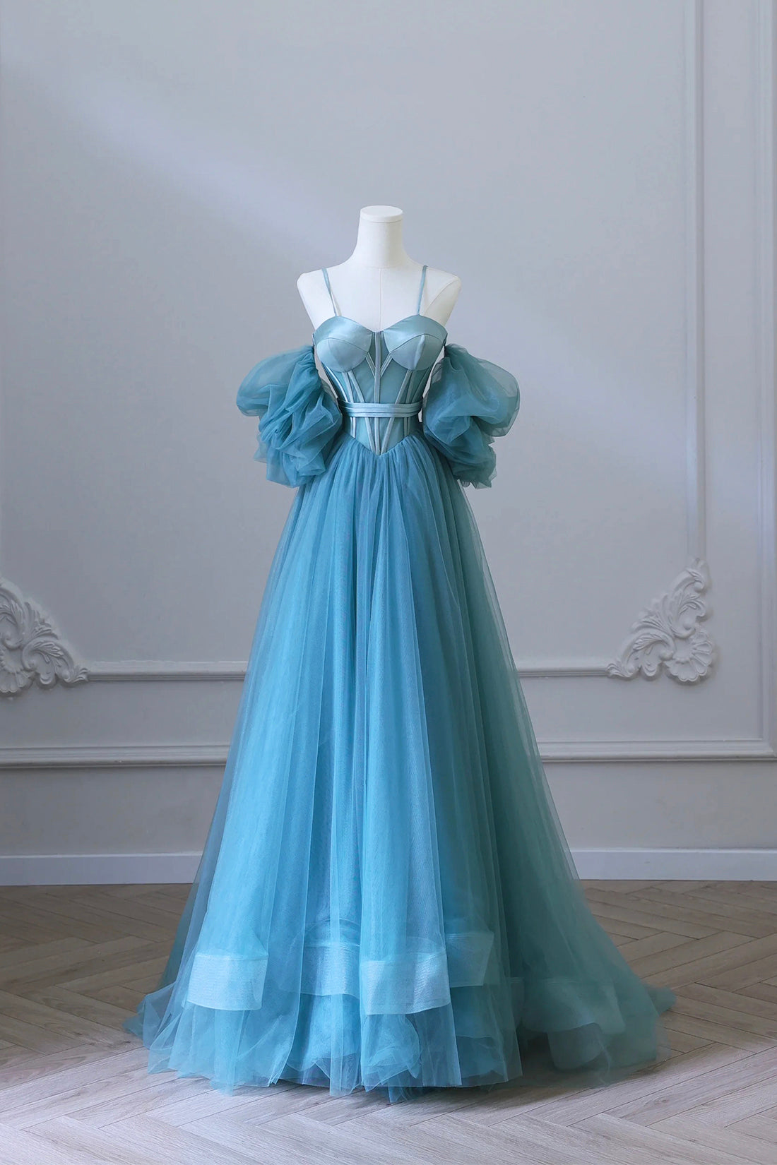 Blue Tulle Long Spaghetti Strap Prom Dress and Corset, Detachable off Shoulder Party Dress
