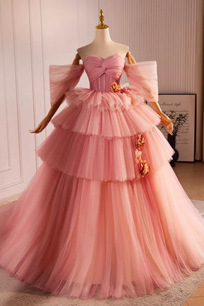 Pink Off the Shoulder Long A-Line Ball Gown, Beautiful Tulle Layers Sweet 16 Dress