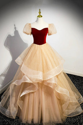Burgundy Velvet Glitter Cascading Ruffles Prom Dress, Champagne Tulle Burgundy Velvet Glitter Cascading Ruffles Prom Dress, Champagne Tulle
