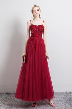 Burgundy Spaghetti Strap Tulle Formal Dress, Beautiful Evening Dress with Beaded
