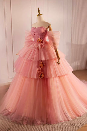 Pink Off the Shoulder Long A-Line Ball Gown, Beautiful Tulle Layers Sweet 16 Dress