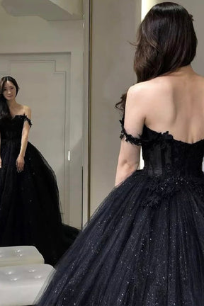 Black Off the Shoulder Tulle Lace Princess Dress, Shiny Tulle Floor Length Evening Party Dress