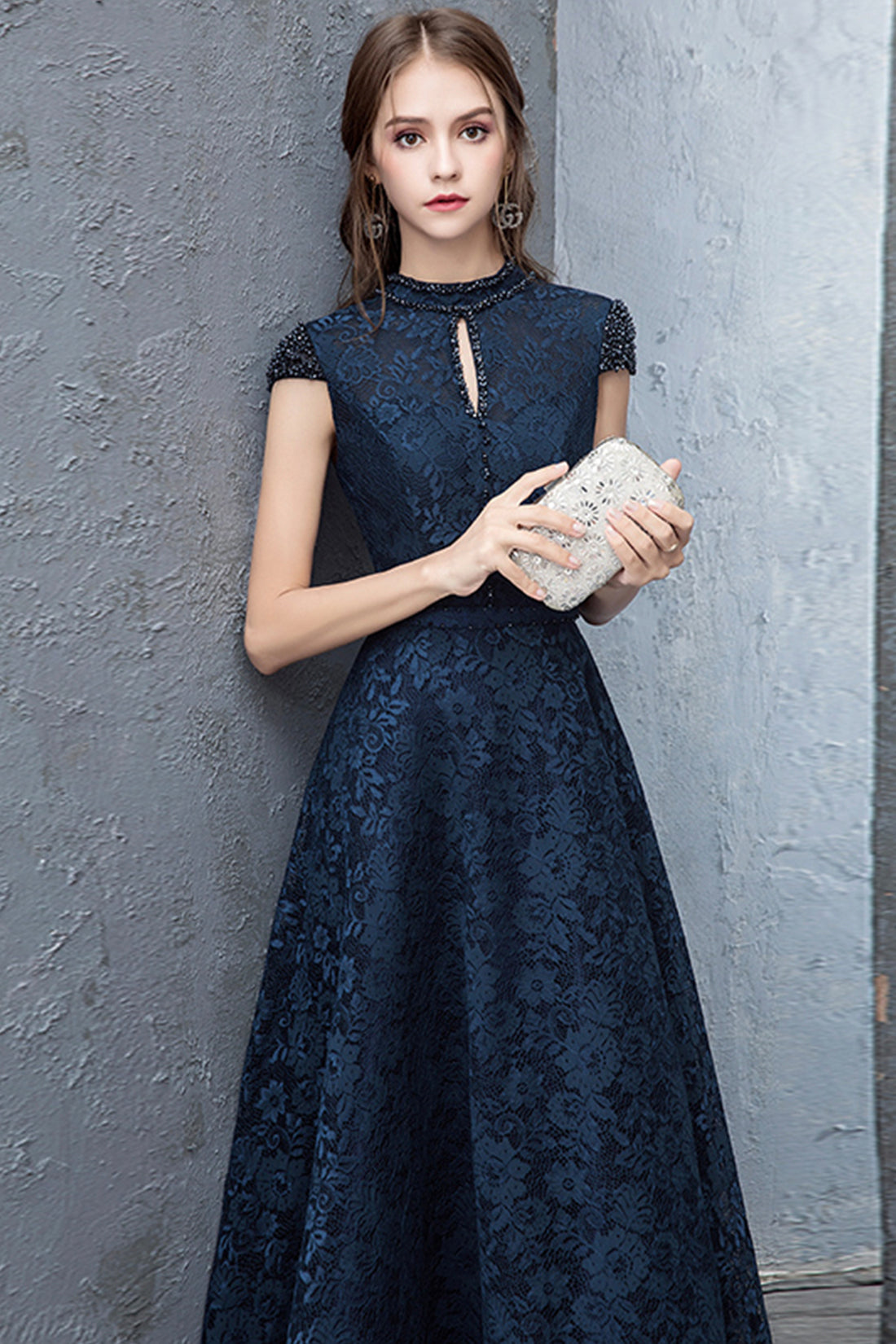 Beautiful Navy Blue Evening Dresses, Blue Lace Floor Length Prom Dress Beautiful Navy Blue Evening Dresses, Blue Lace Floor Length Prom Dress