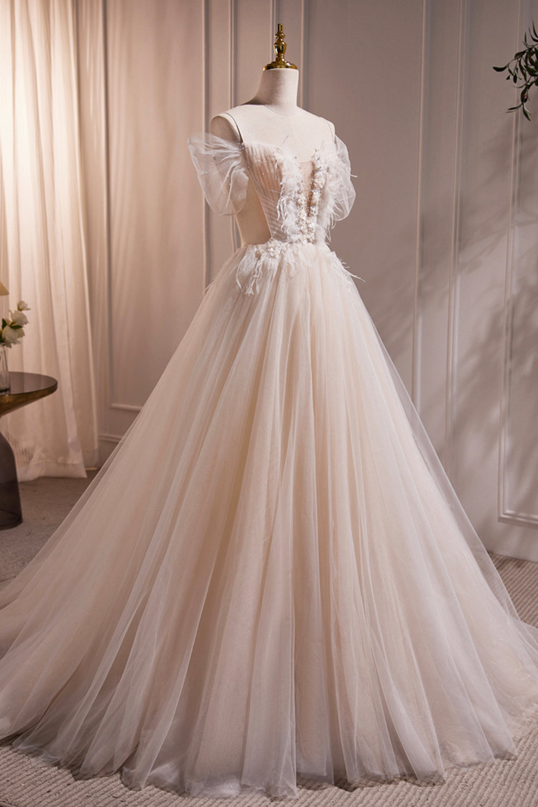 Ivory Floor Length Beaded Straps Prom Dress, Ivory Tulle Evening Dress Ivory Floor Length Beaded Straps Prom Dress, Ivory Tulle Evening Dress