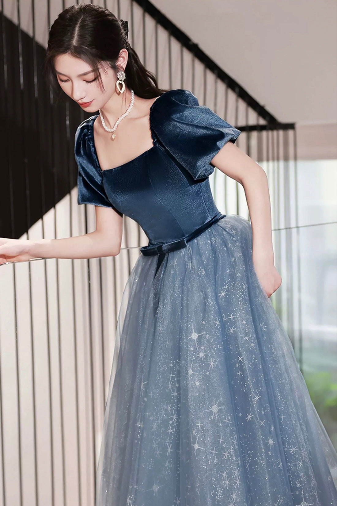 Blue Velvet Tulle Long Prom Dress, Beautiful Short Sleeve Evening Dres Blue Velvet Tulle Long Prom Dress, Beautiful Short Sleeve Evening Dres
