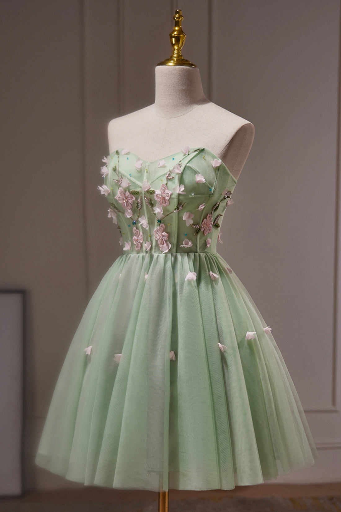 Green Strapless Tulle Short Prom Dress with Lace, Green Party Dress Green Strapless Tulle Short Prom Dress with Lace, Green Party Dress