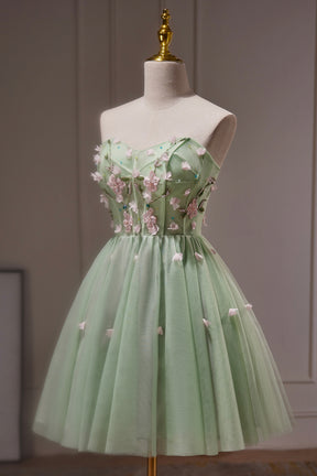Green Strapless Tulle Short Prom Dress with Lace, Green Party Dress