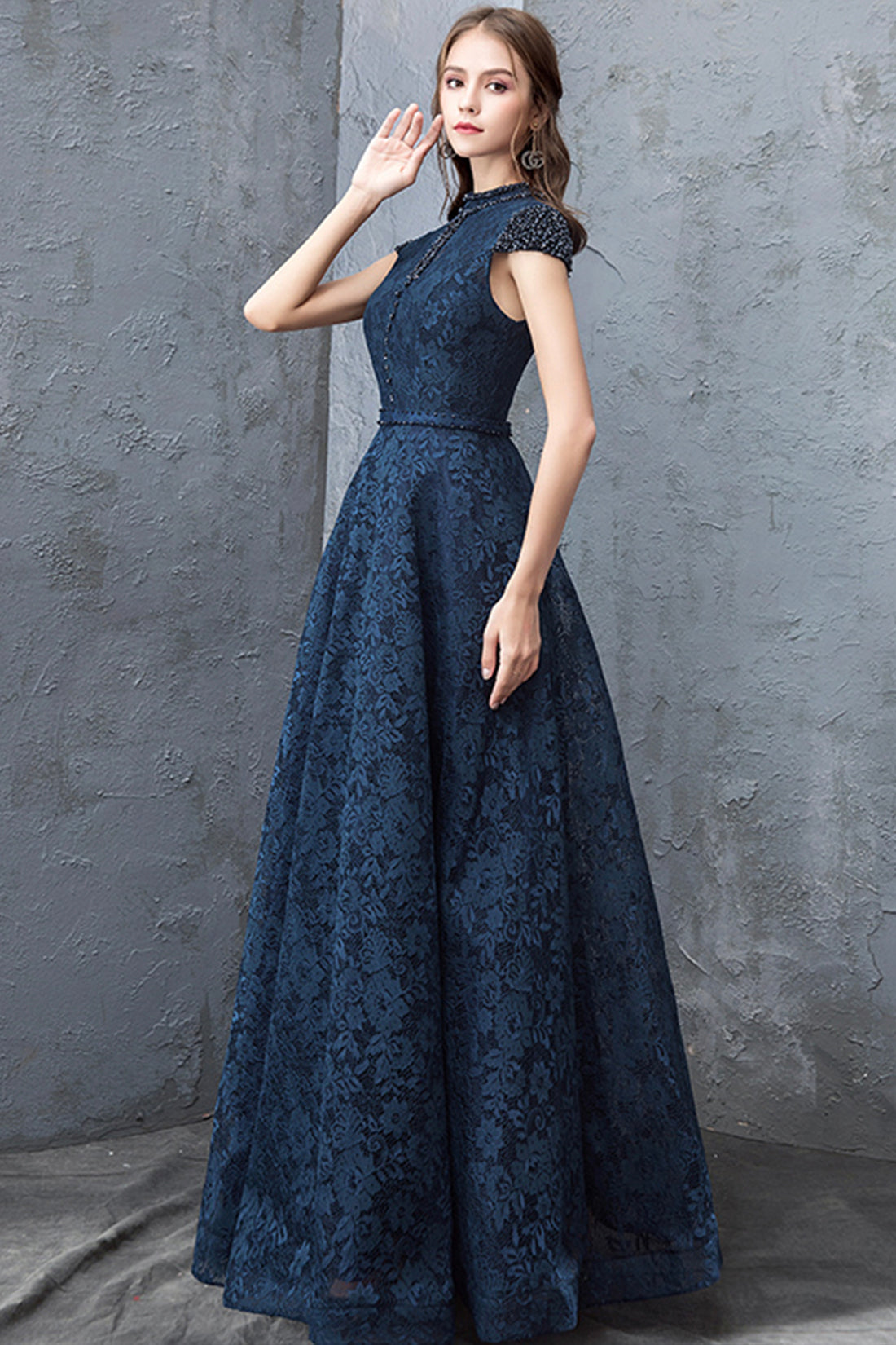 Beautiful Navy Blue Evening Dresses, Blue Lace Floor Length Prom Dress Beautiful Navy Blue Evening Dresses, Blue Lace Floor Length Prom Dress