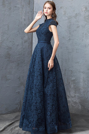 Gown : Navy blue net metallic foil work party wear designer ...