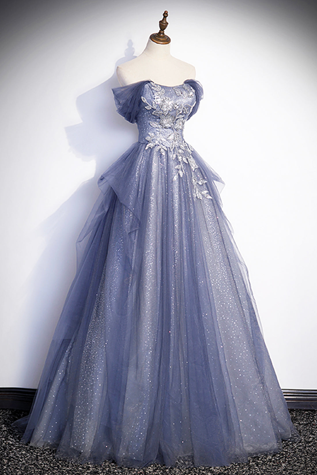 Dusty Blue Off the Shoulder Lace Long Prom Dress, A-Line Shiny Tulle E