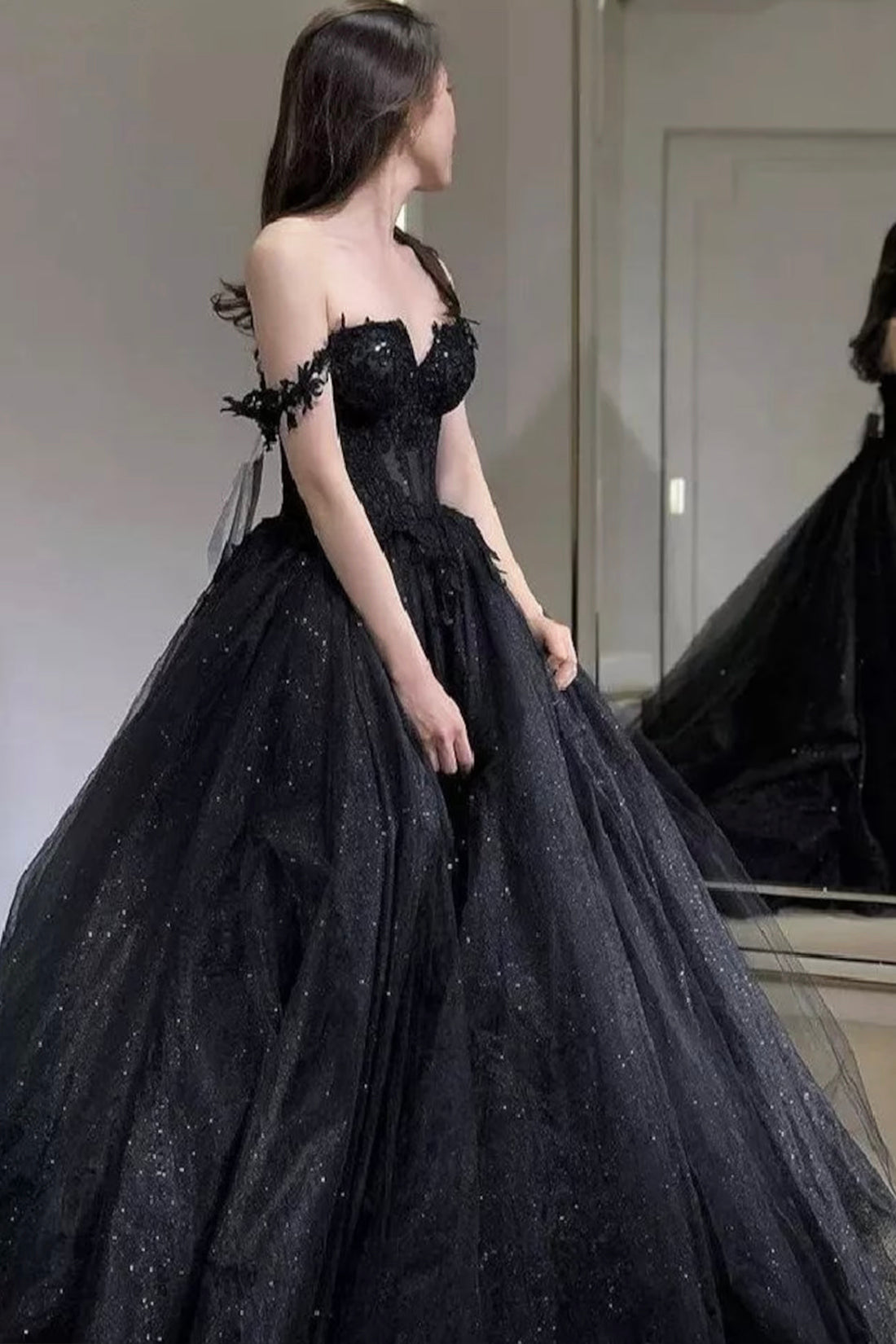 Black Off the Shoulder Tulle Lace Princess Dress, Shiny Tulle Floor Length Evening Party Dress