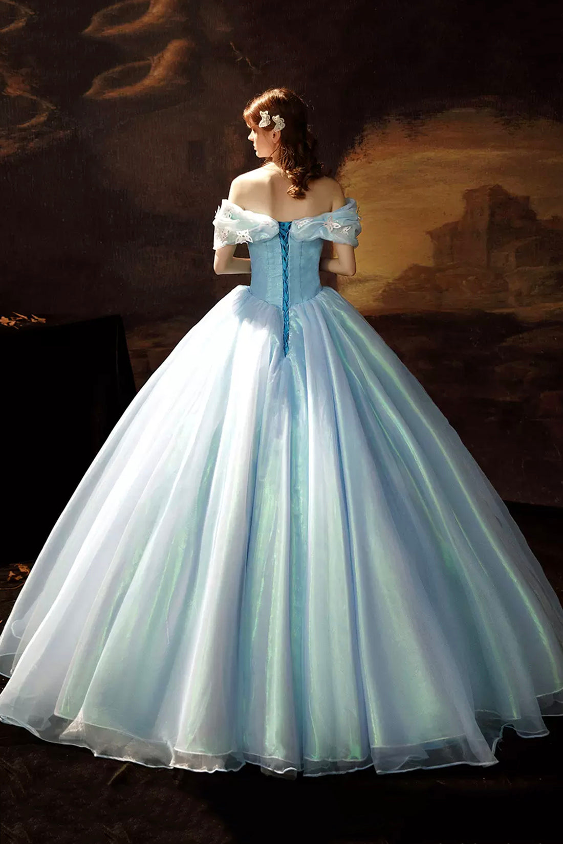 Blue Tulle Long Princess Dress, A-Line Off the Shoulder Evening Party Dress