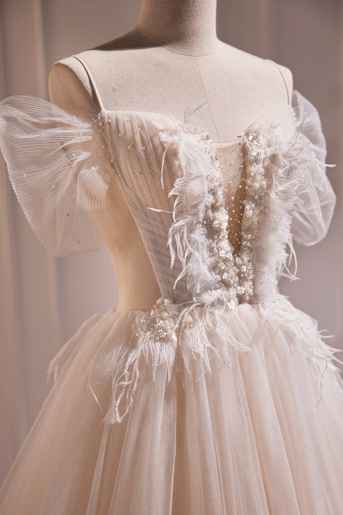 ivory tulle prom dress V-Neck Ivory Appliques Tiered Tulle Prom Dress with Flying Sleeves FancyVestido