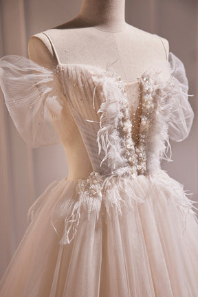 Ivory Floor Length Beaded Straps Prom Dress, Ivory Tulle Evening Dress
