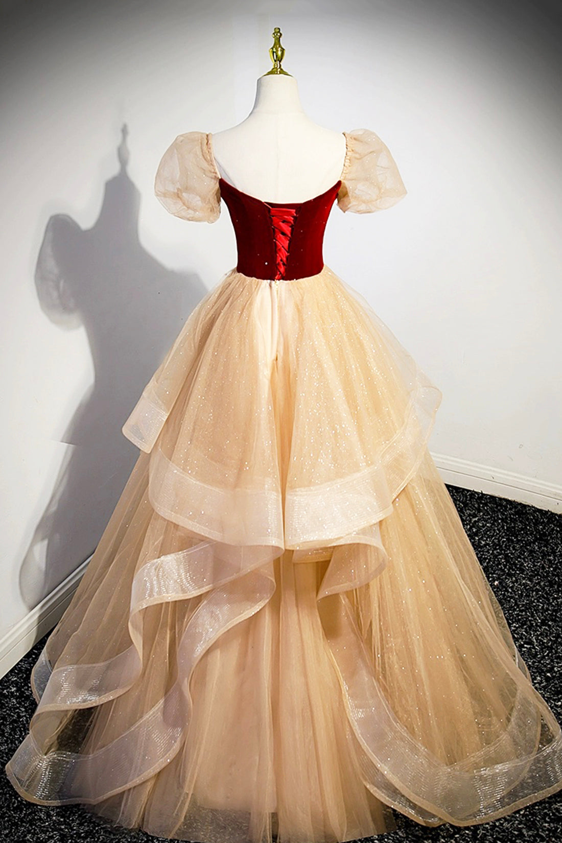 Burgundy Velvet Glitter Cascading Ruffles Prom Dress, Champagne Tulle Floor Length Evening Dress