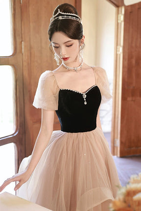 Cute Velvet Tulle Long Prom Dress, Beautiful Short Sleeve Evening Dress