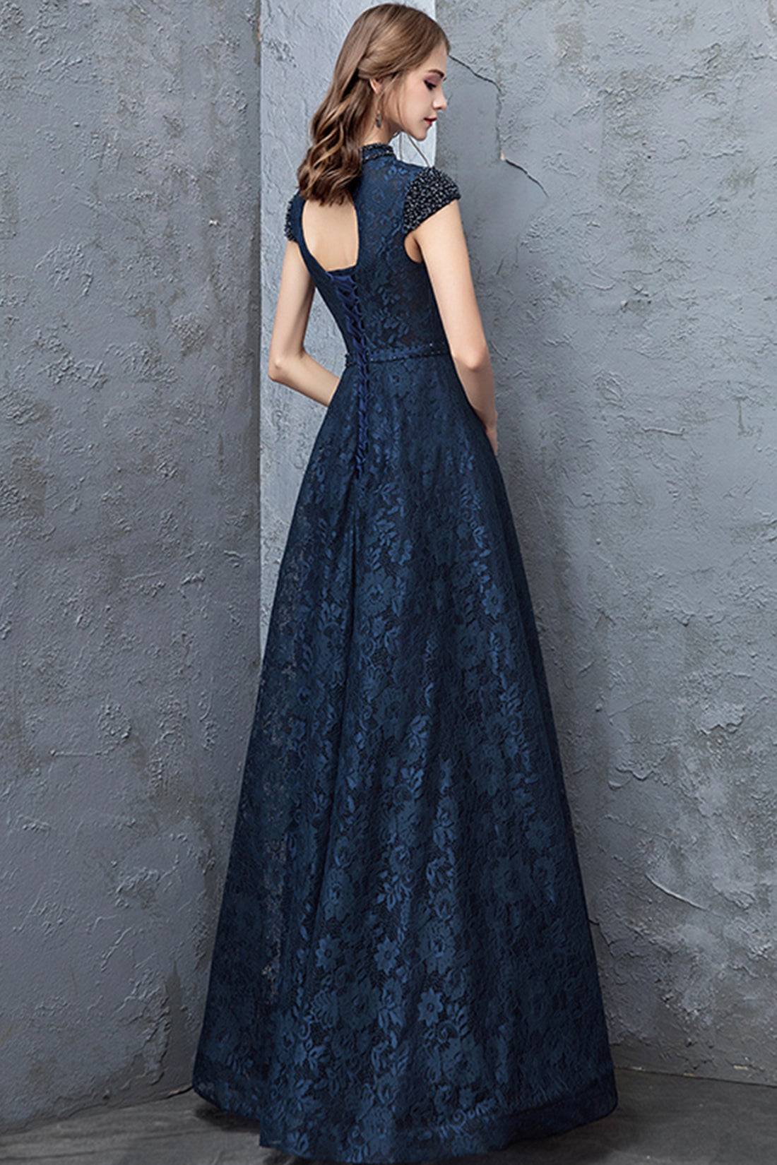 Beautiful Navy Blue Evening Dresses, Blue Lace Floor Length Prom Dress Beautiful Navy Blue Evening Dresses, Blue Lace Floor Length Prom Dress