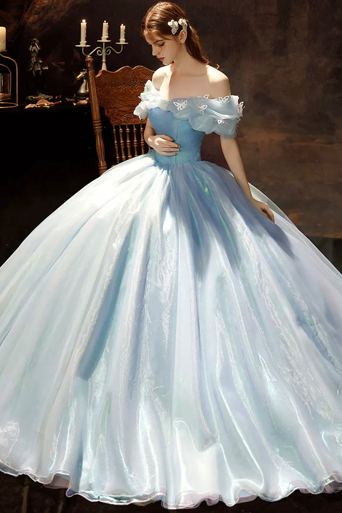 Light Blue Tulle Quince Dresses 3D Flower Off the Shoulder Cinderella Ball  Gown 66706 | Cinderella quinceanera dress, Quinceanera dresses, Princess  ball gowns