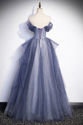 Dusty Blue Off the Shoulder Lace Long Prom Dress, A-Line Shiny Tulle Evening Dress