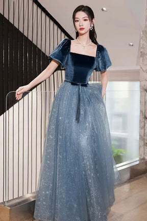 Blue Velvet Tulle Long Prom Dress, Beautiful Short Sleeve Evening Dress