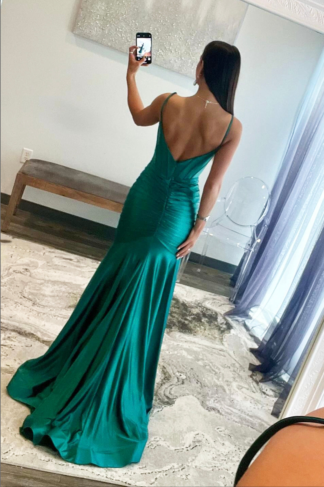 Mermaid Pleated Satin Long Prom Dress with Slit, Mermaid Backless Evening Party Dress